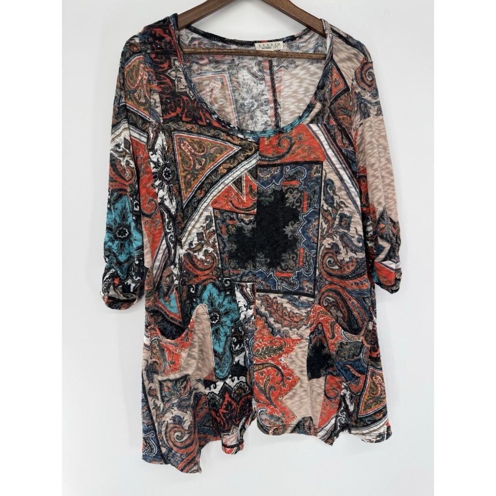 Studio Top Aqua Orange Multi Scoop Patchwork Pockets Asymmetrical Artsy Boho 1X